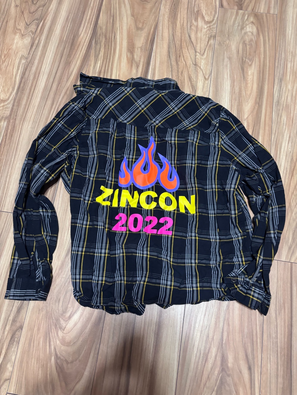 Zumba Fitness Black Plaid Button-Down Shirt with Neon Flame Graphic Zincon